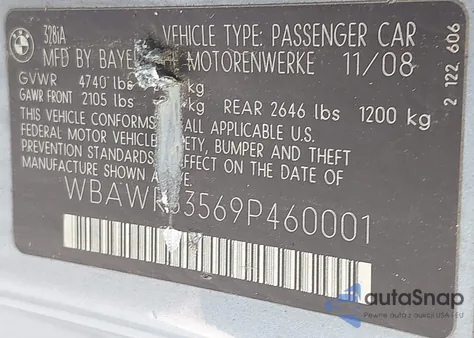 2009 BMW 328I from USA, damaged, VIN WBAWR33569P460001